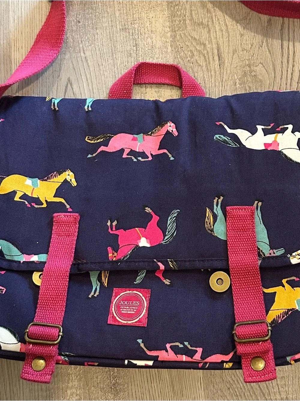 Joules Navy Crossbody Bag with Pink Strap and Multicolor Horse Print